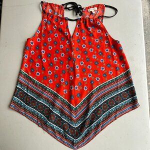 Meraki Red Floral Boho Handkerchief Hem Halter Top Festival Y2K Summer Vibe L